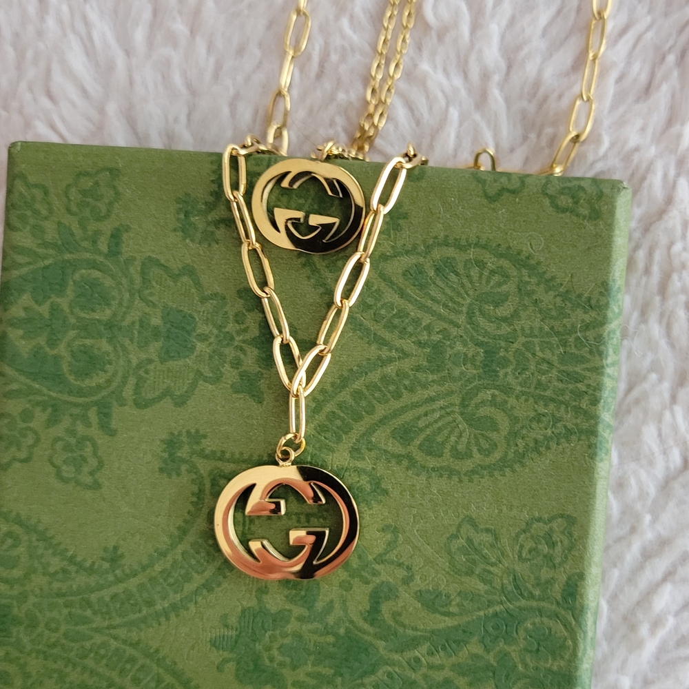 Brand New Gucci GG double chain, double pendant Necklace Double G